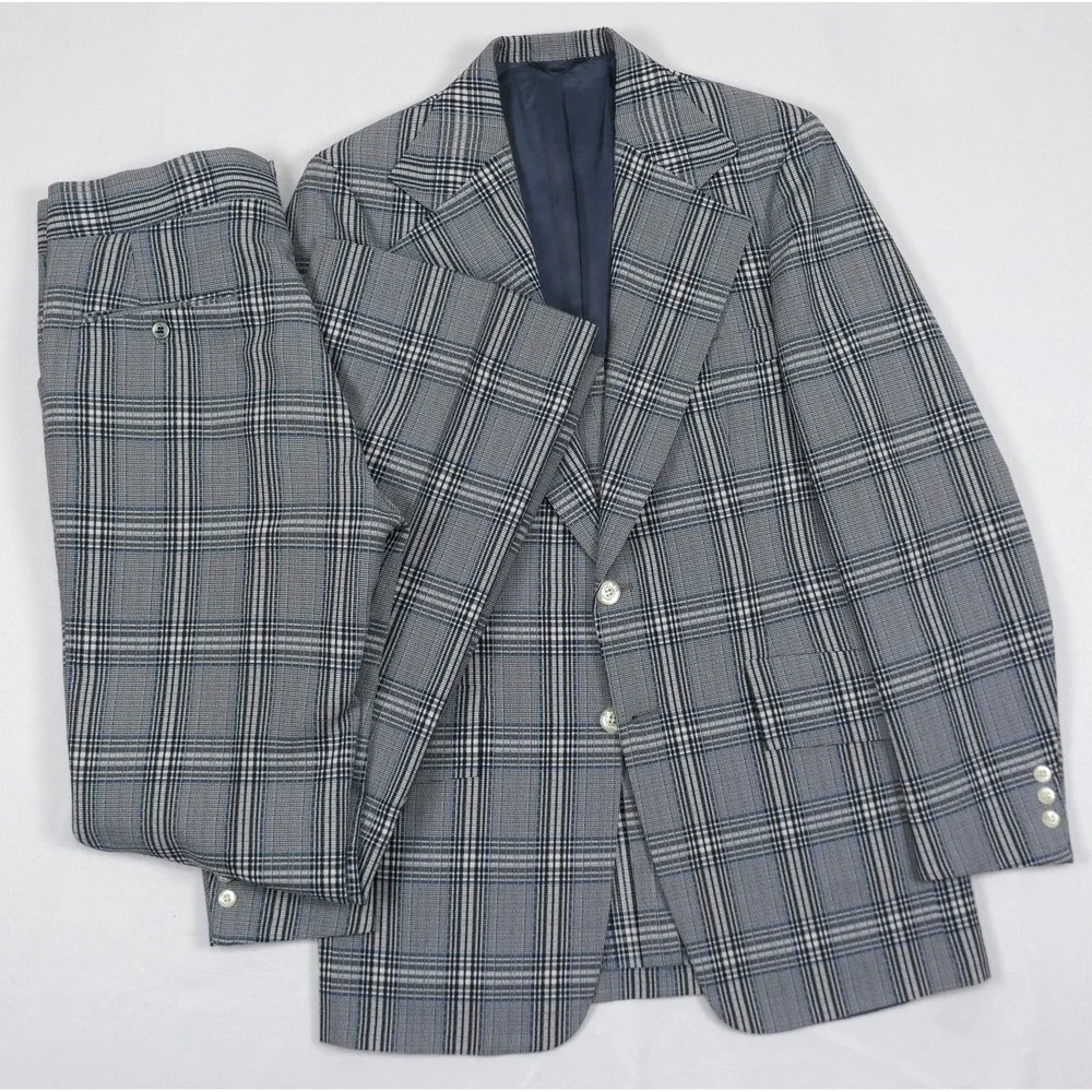 VTG 1970s Plaid 2 Pc Suit 38R 33 x33 Flare Leg Retro Griffon Allens USA Made